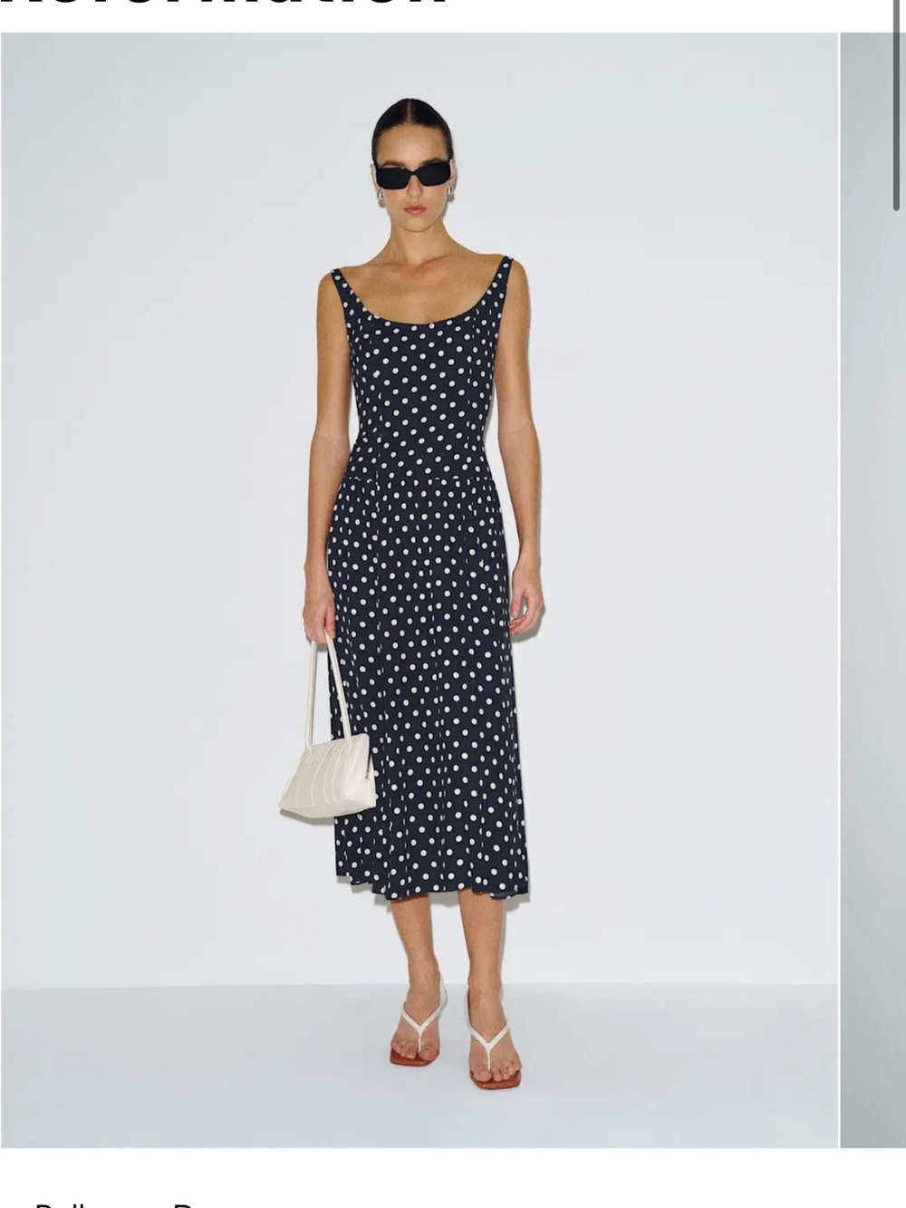 Reformation Black and White Polka Dot Scoop Neck Midi Dress